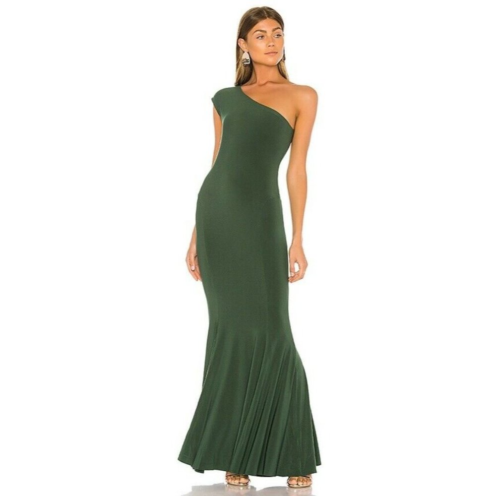 Norma Kamali One Shoulder Fishtail Gown Forest M